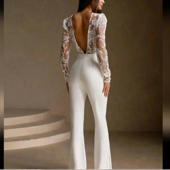 Pants - White Lace Sexy Sheer Long Sleeve Backless Jumpsuit